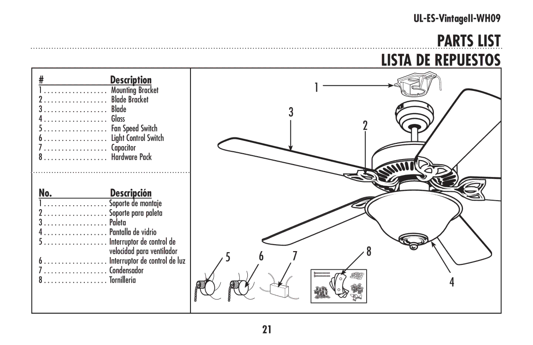 Westinghouse who9 owner manual PARTS LIST Lista DE Repuestos 